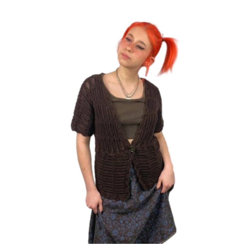 Short Sleeved Crocheted Cardigan Brown